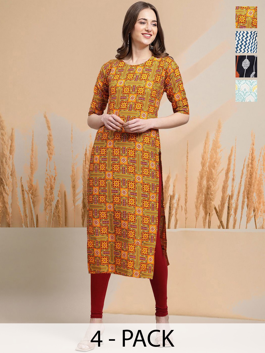

7Threads Selection Of 4 Geometric Printed Round Neck Straight Kurtas, Yellow