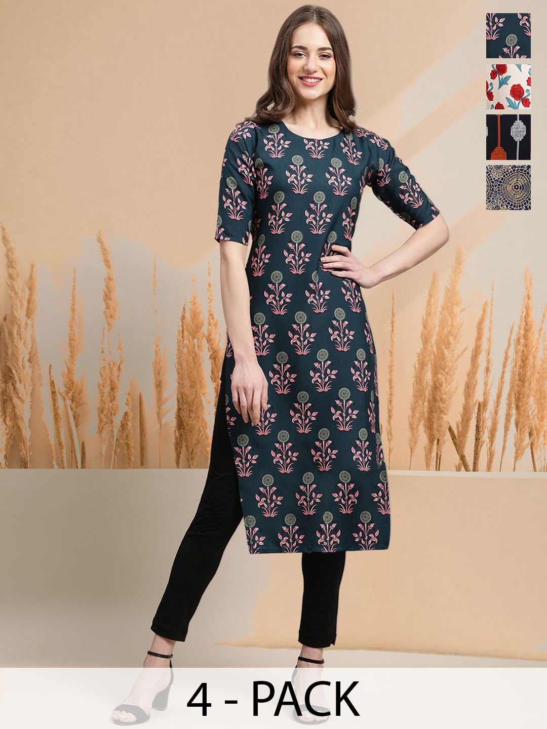

7Threads Selection Of 4 Floral Printed Round Neck Straight Kurtas, Blue