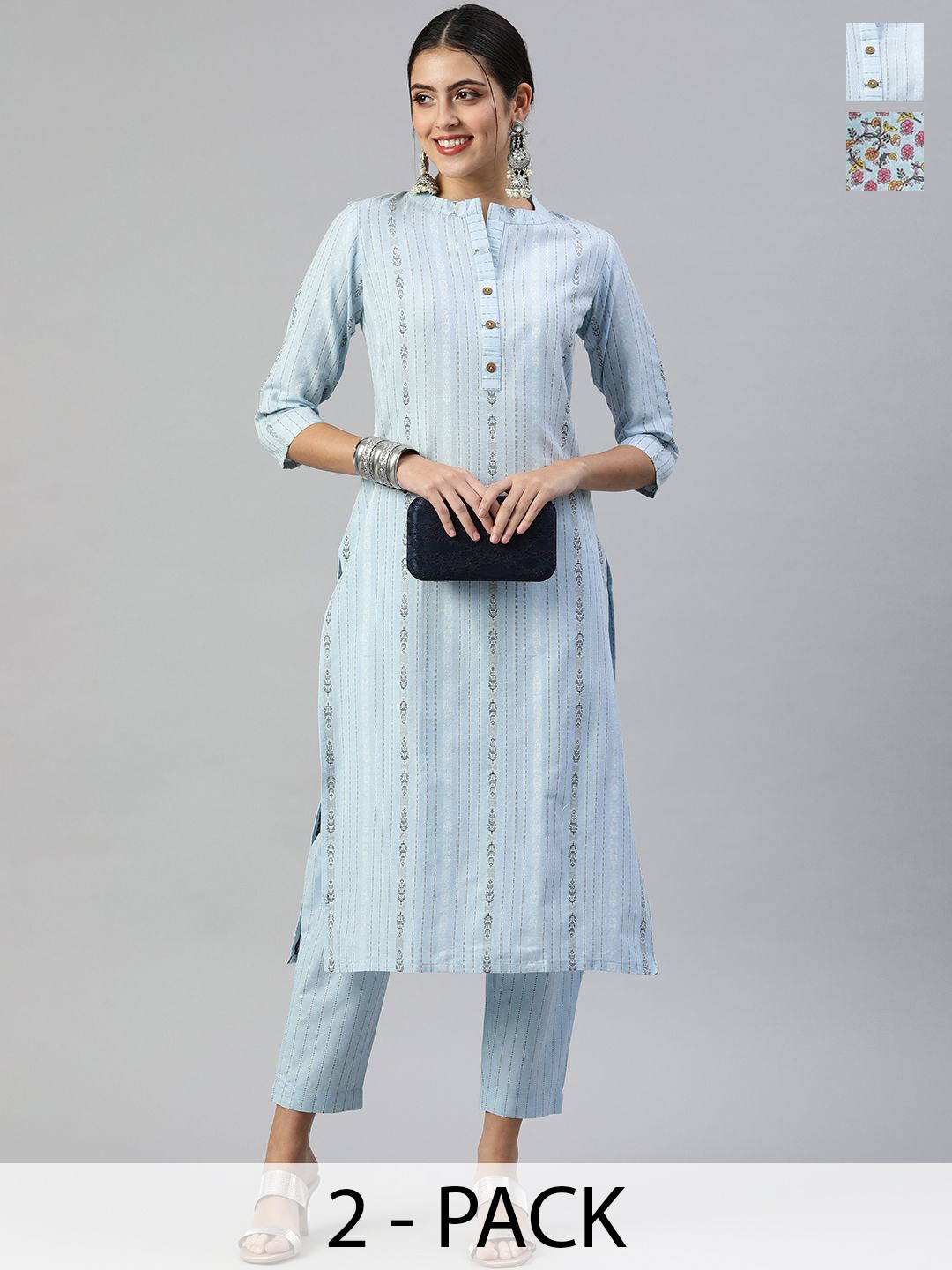 

KALINI Selection Of 2 Striped Woven Design Mandarin Collar Straight Kurta With Trousers, Blue