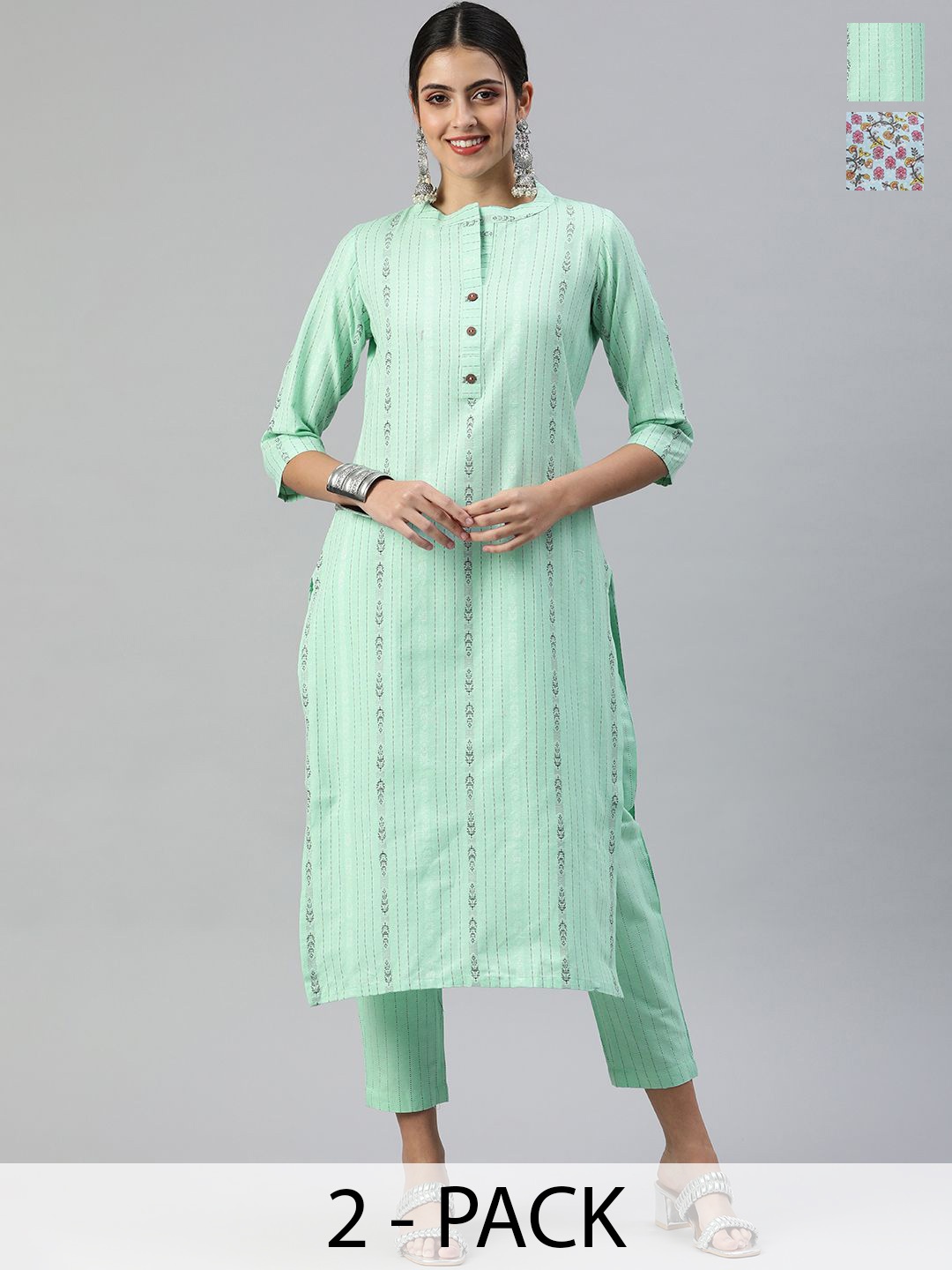 

KALINI Selection of 2 Striped Mandarin Collar Straight Kurta With Trousers, Green