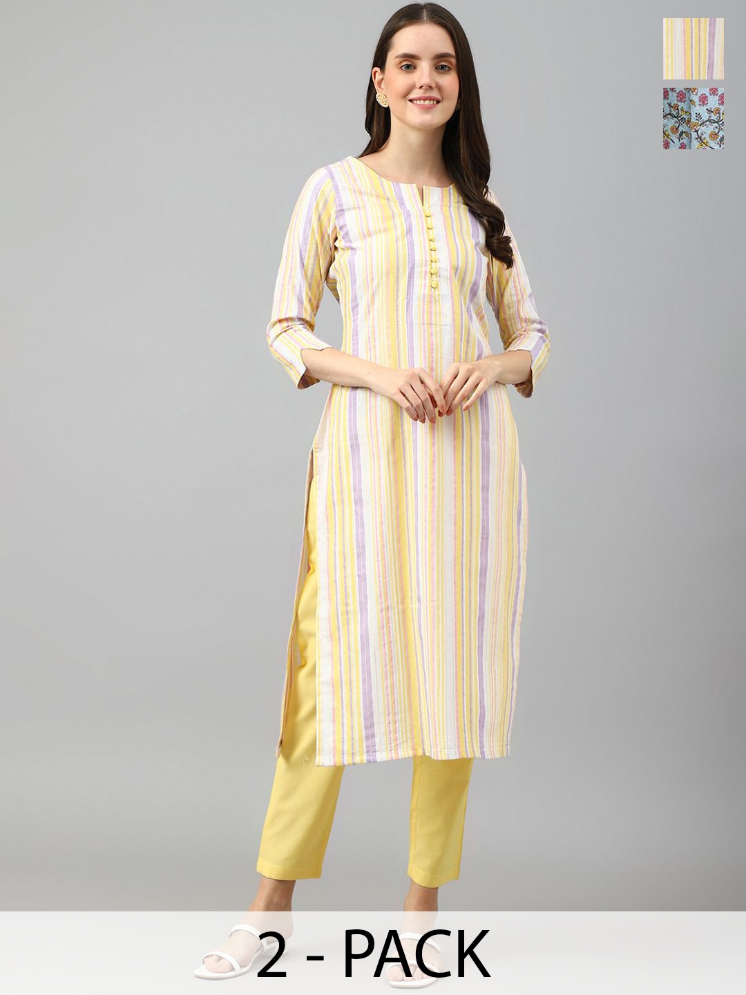 

KALINI Selection Of 2 Striped Notch Neck Straight Kurta With Trousers, Yellow