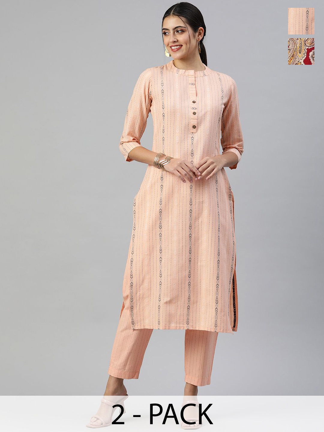 

KALINI Selection Of 2 Striped Woven Design Mandarin Collar Straight Kurta With Trousers, Peach