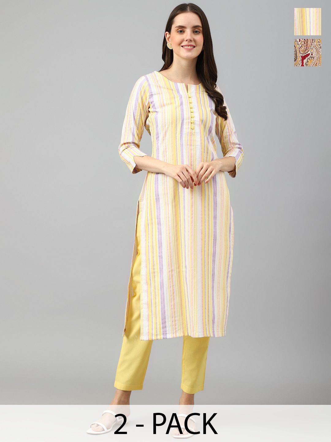 

KALINI Striped Notch-Neck Straight Kurta With Trousers, Yellow