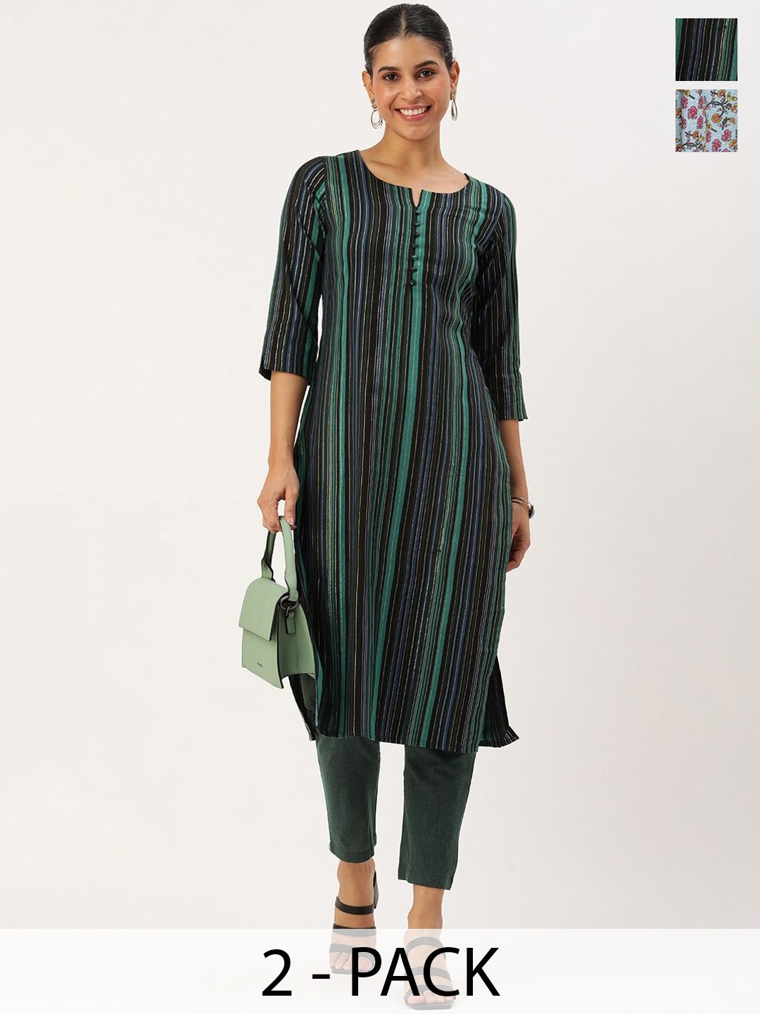 

KALINI Selection Of 2 Striped Notch Neck Straight Kurta With Trousers, Green