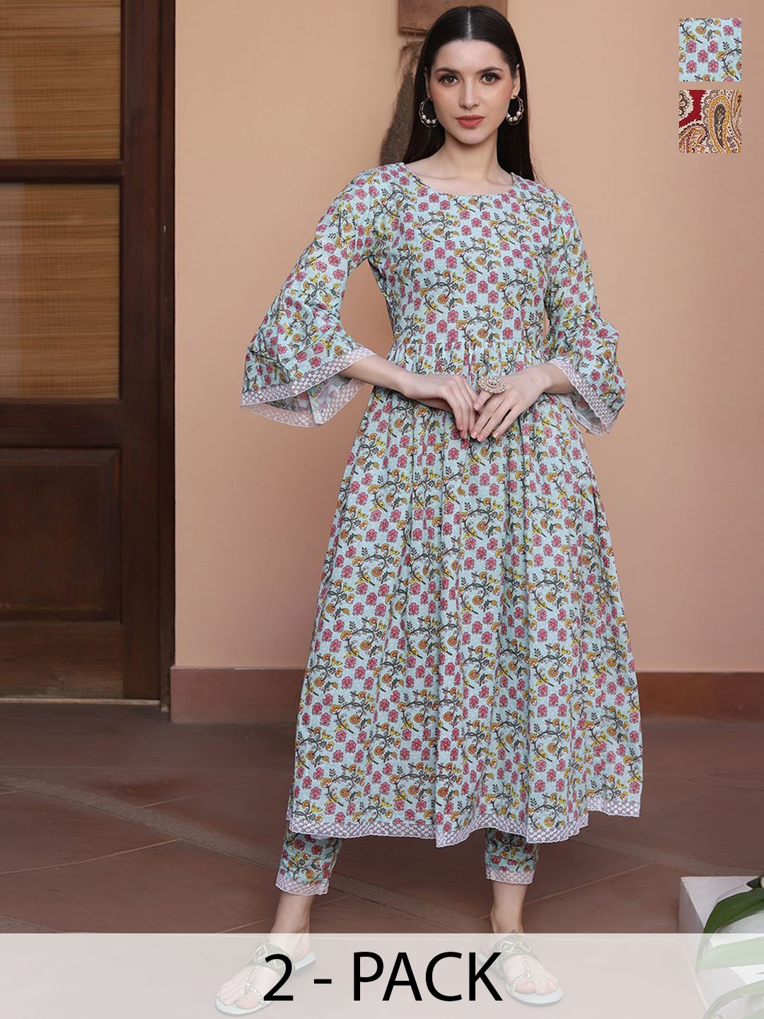 

KALINI Selection Of 2 Floral Printed Flared Sleeves Anarkali Kurta With Trousers, White