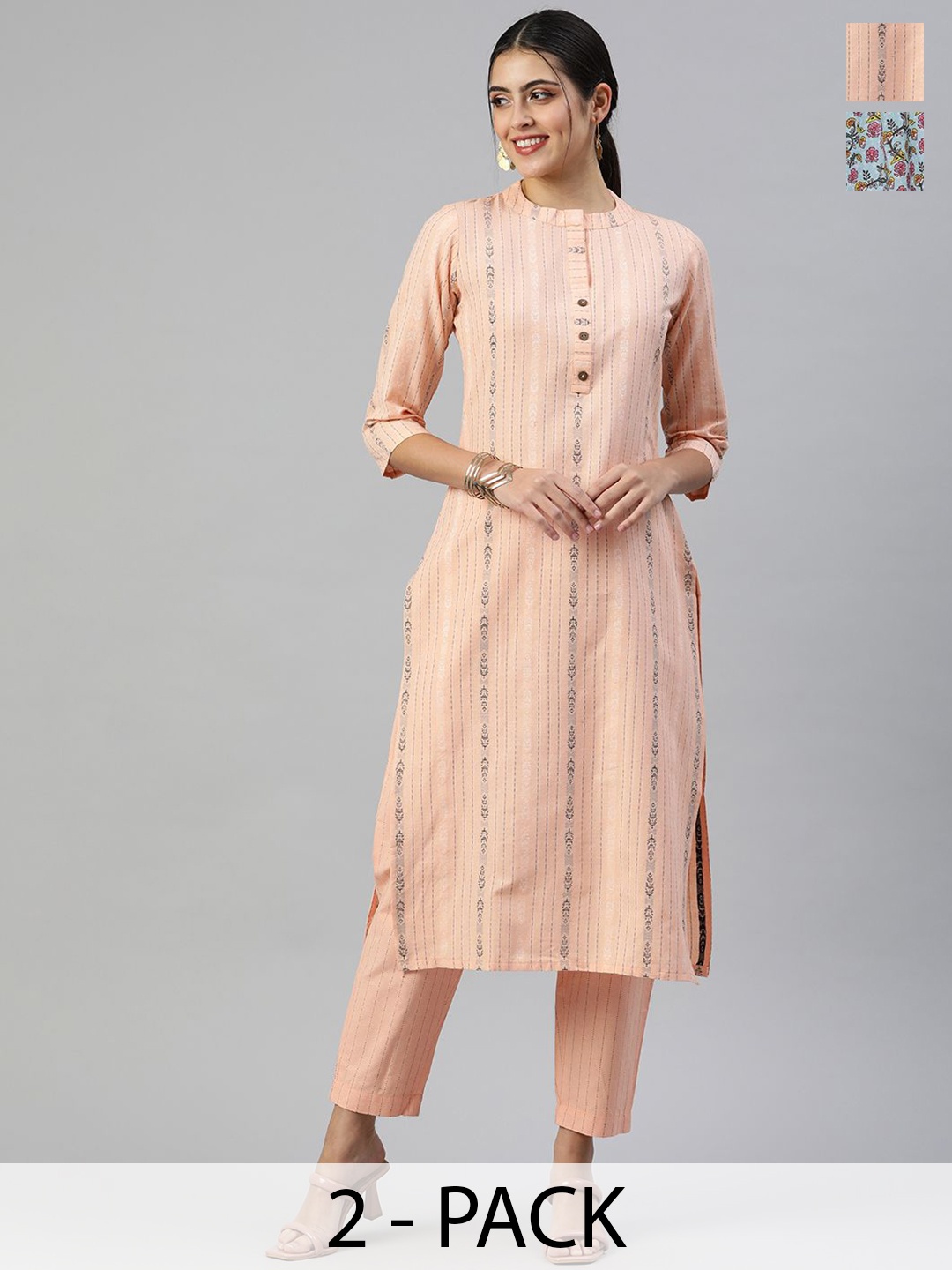 

KALINI Selection of 2 Striped Mandarin Collar Straight Kurta With Trousers, Peach