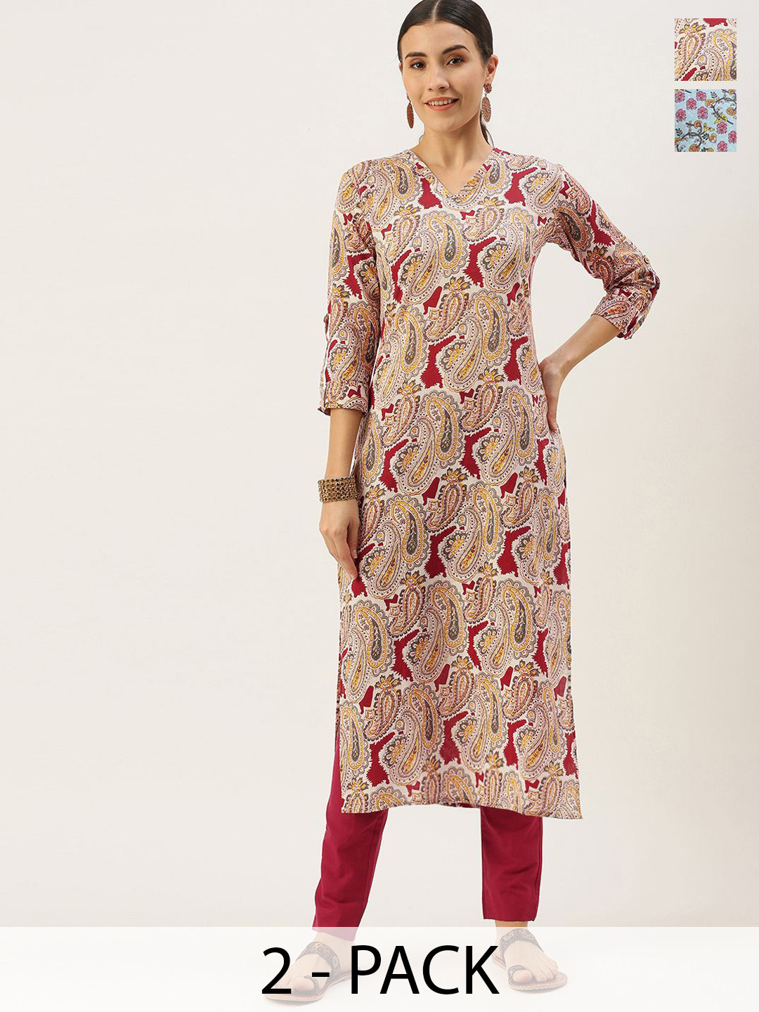 

KALINI Selection Of 2 Paisley Printed V-Neck Straight Kurta With Trousers, Beige