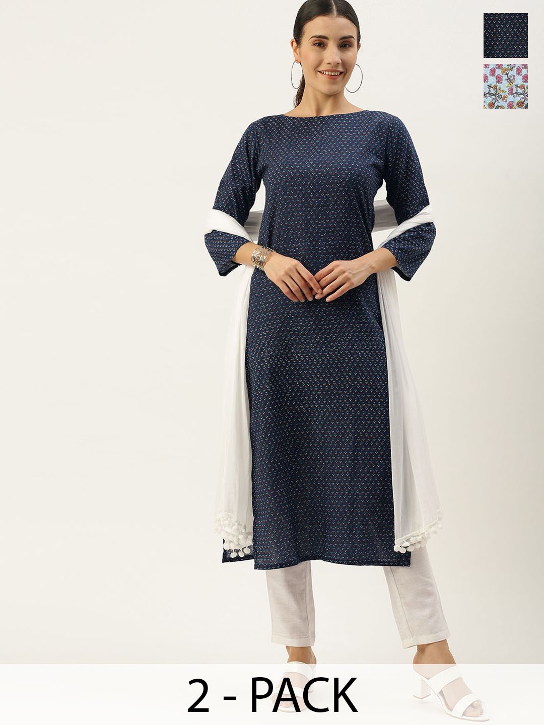 

KALINI Pack Of 2 Floral Printed V-Neck Straight Kurta With Trousers, Navy blue