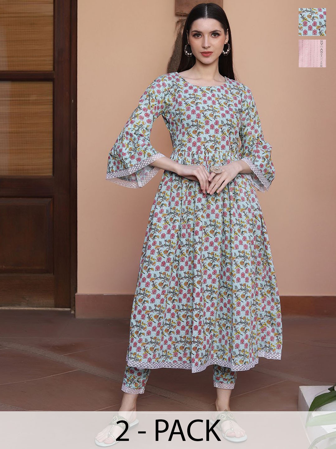 

KALINI Selection of 2 Floral Printed Round Neck Anarkali Kurta With Trousers, Blue
