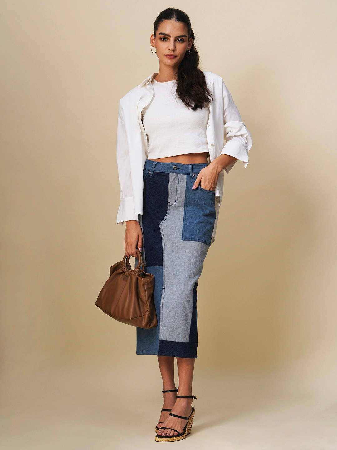 

Chemistry Patchwork Straight Midi Slit Skirt, Blue