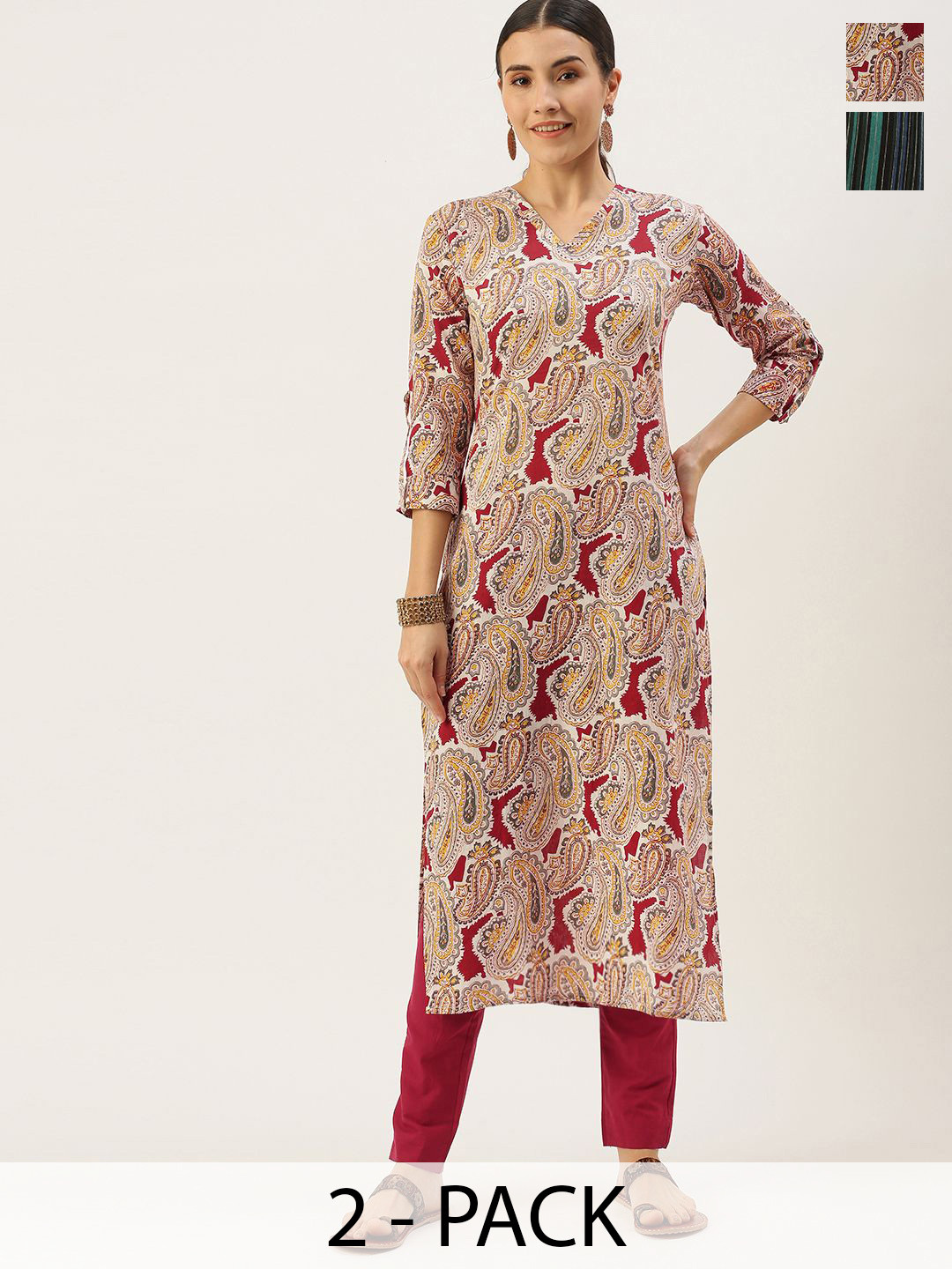 

KALINI Selection of 2 Paisley Printed V-Neck Straight Kurta With Trousers, Cream