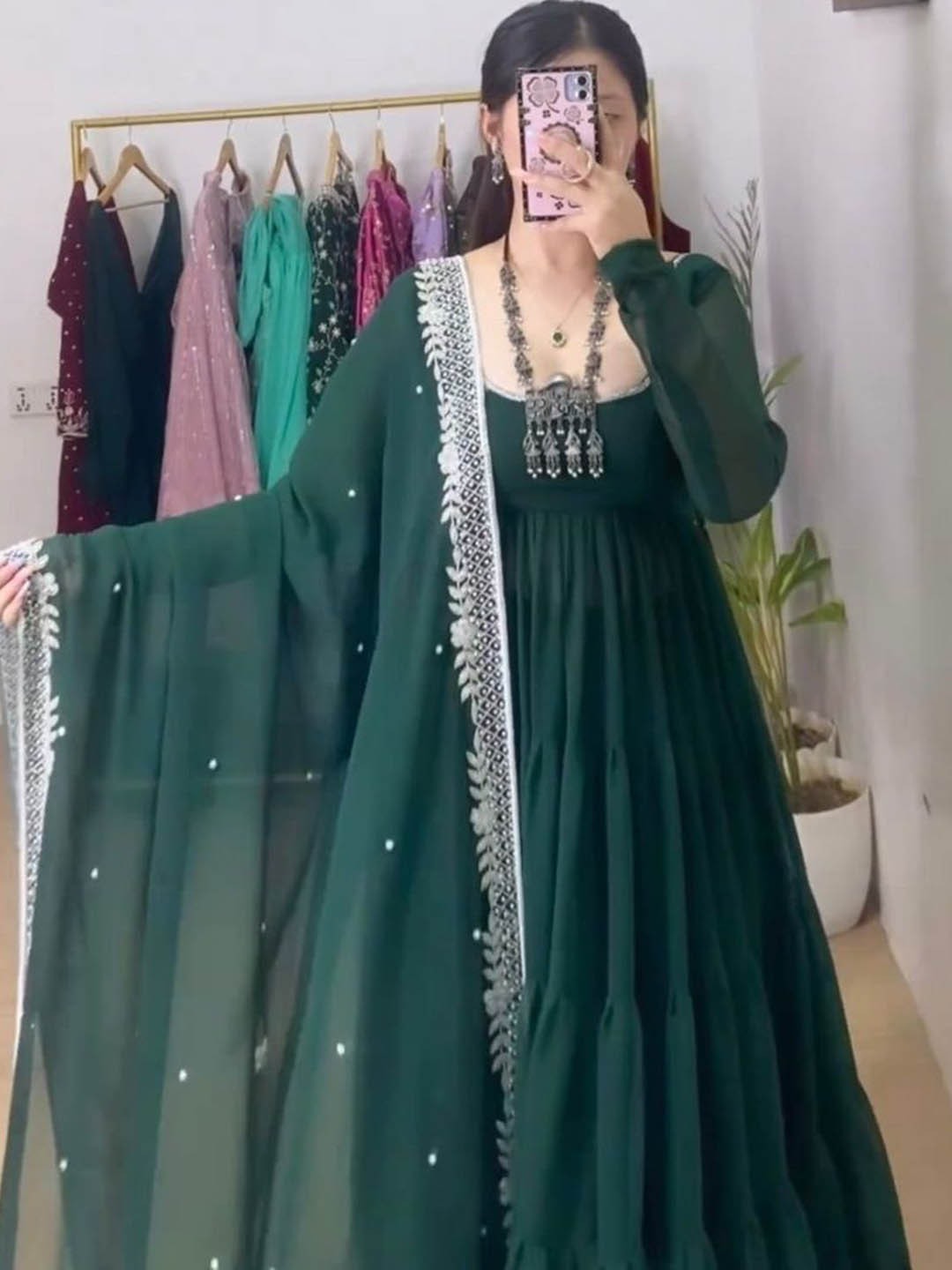 

Anara Tiered Georgette Anarkali Kurta With Trouser & Dupatta, Green