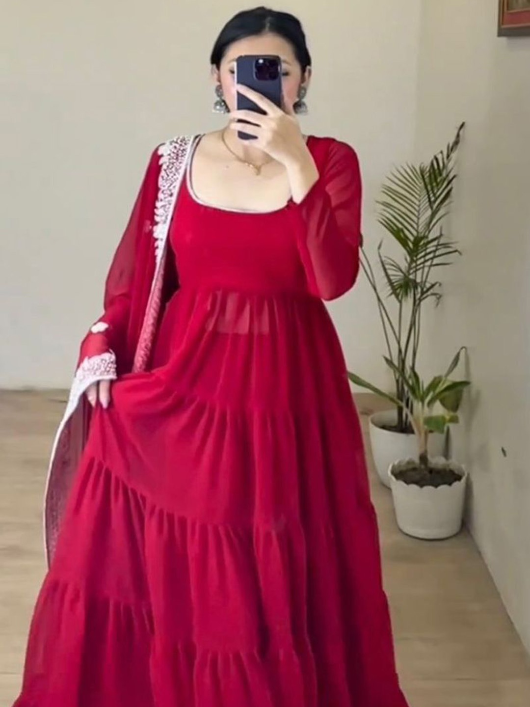 

Anara Tiered Georgette Anarkali Kurta With Trouser & Dupatta, Red