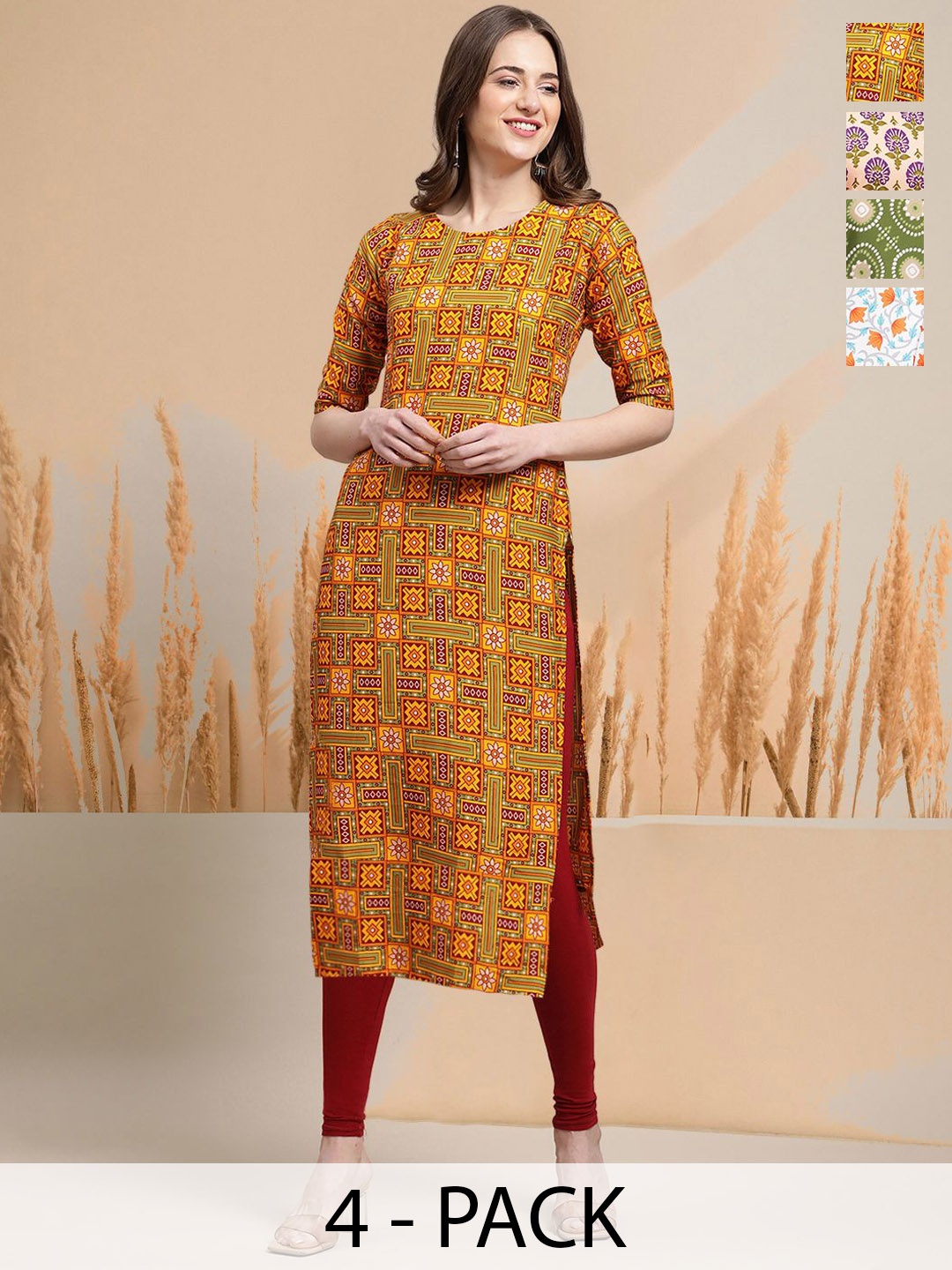 

7Threads Selection Of 4 Geometric Printed Round Neck Straight Kurtas, Yellow