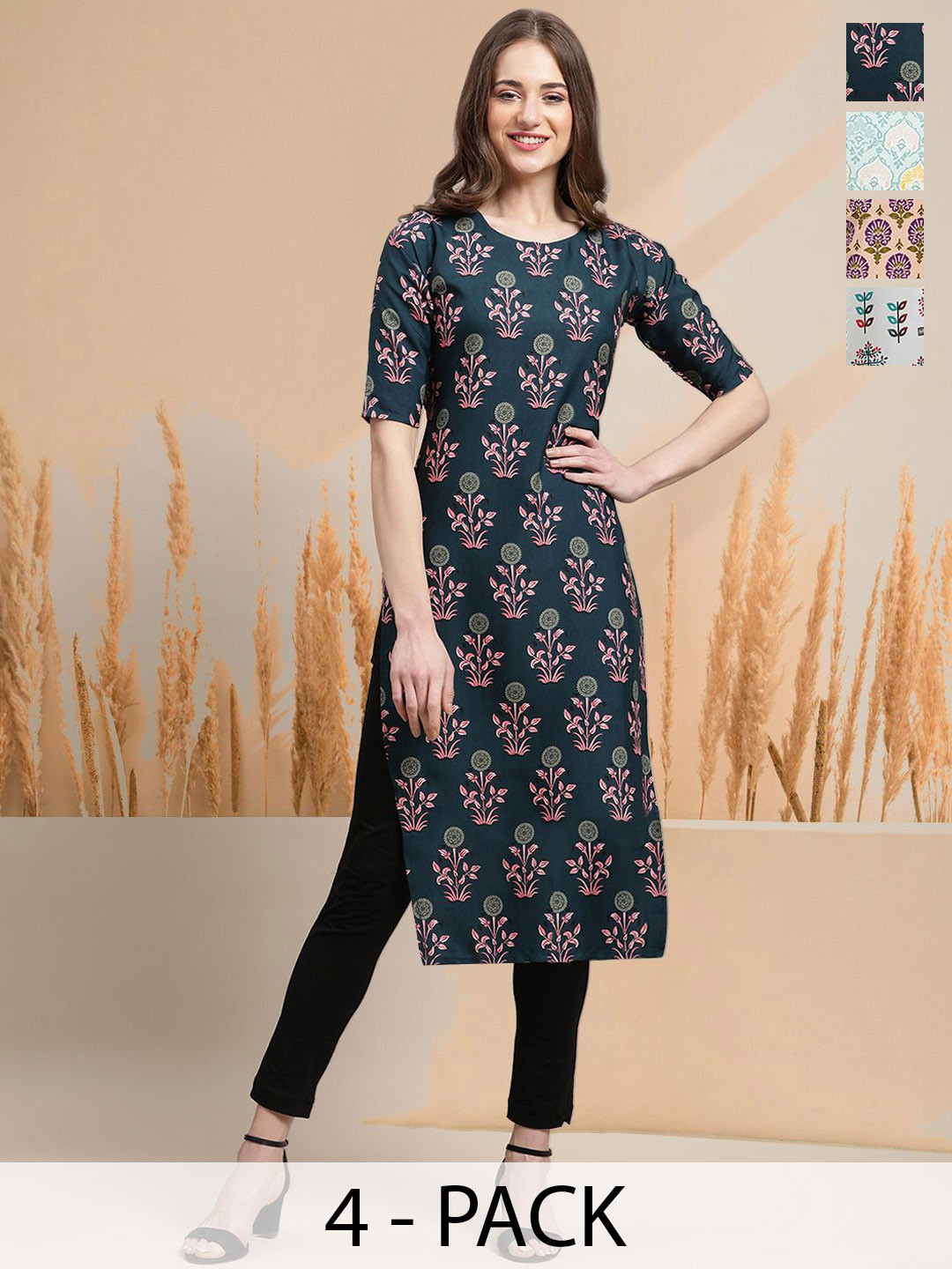 

7Threads Selection Of 4 Floral Printed Round Neck Straight Kurtas, Green