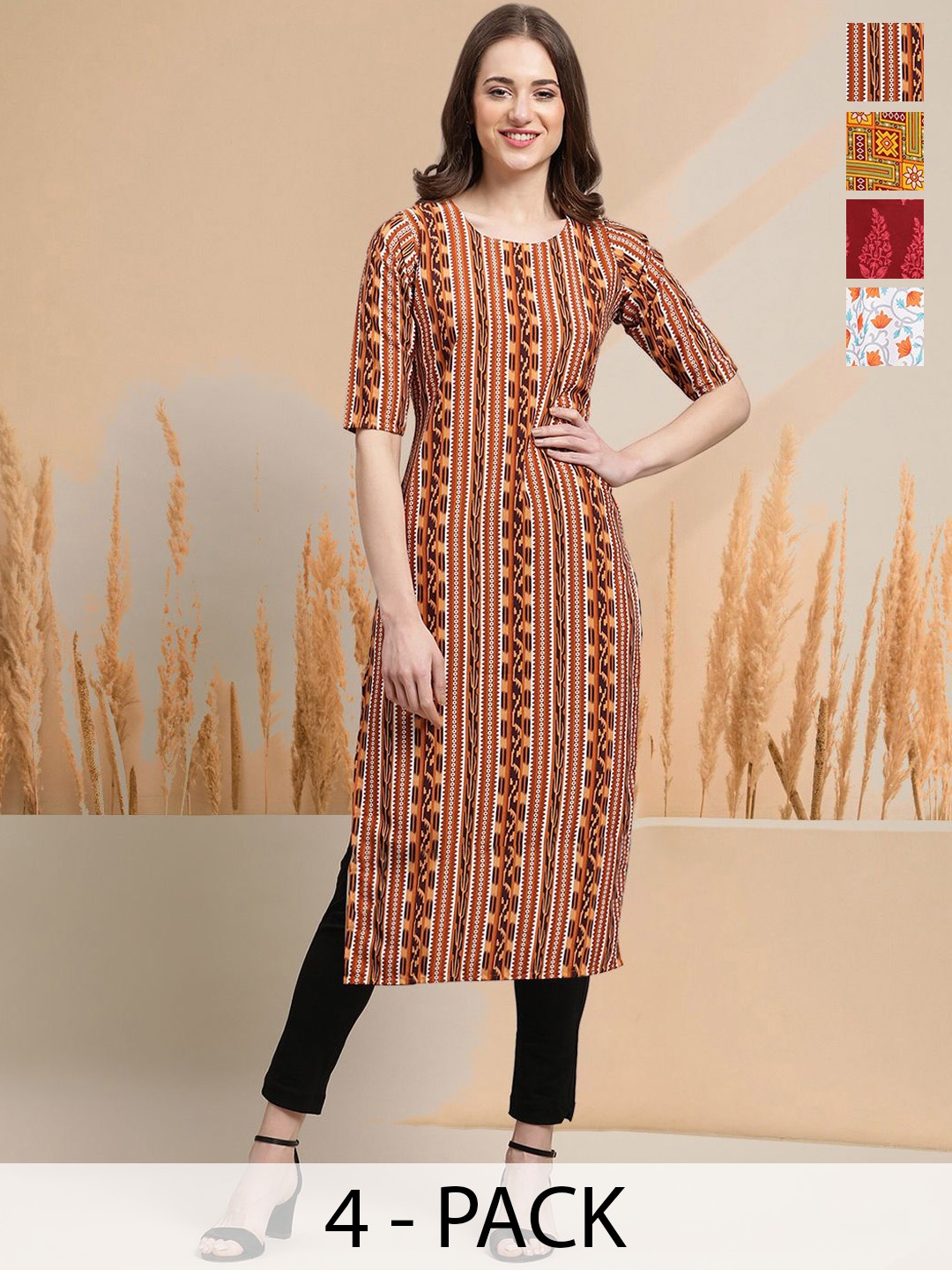 

7Threads Selection Of 4 Ethnic Motifs Printed Round Neck Straight Kurtas, Brown