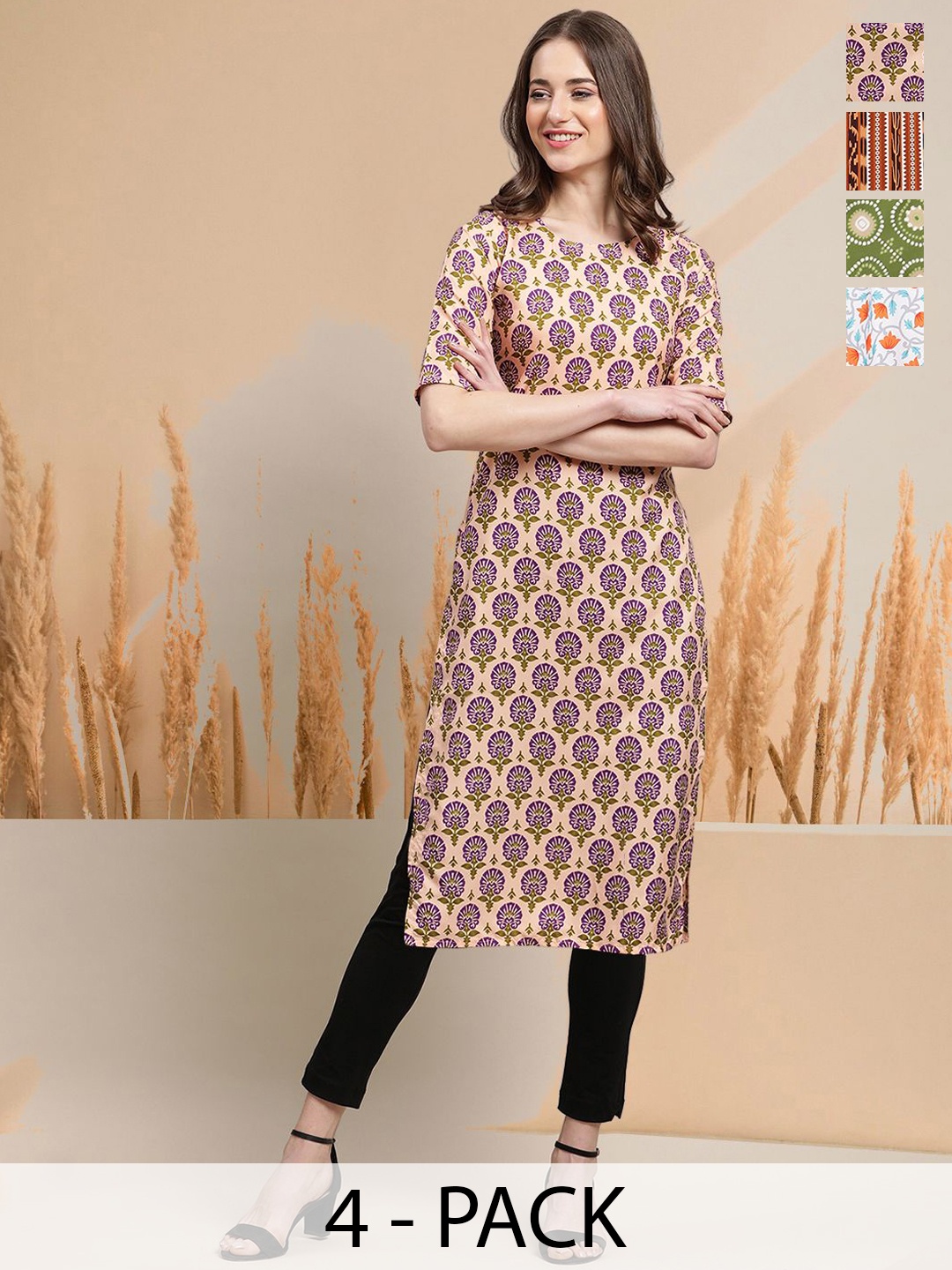 

7Threads Selection Of 4 Floral Printed Round Neck Kurta, Beige
