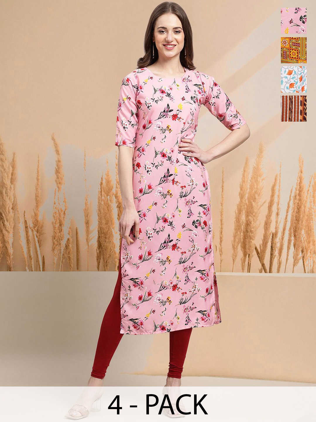 

7Threads Selection Of 4 Floral Printed Round Neck Straight Kurtas, Pink