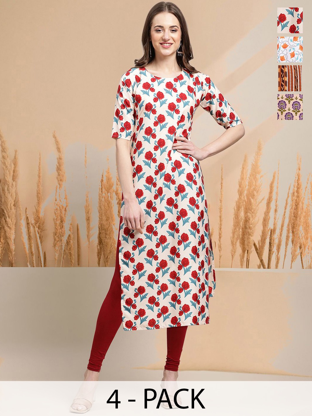 

7Threads Selection Of 4 Floral Printed Round Neck Straight Kurtas, White