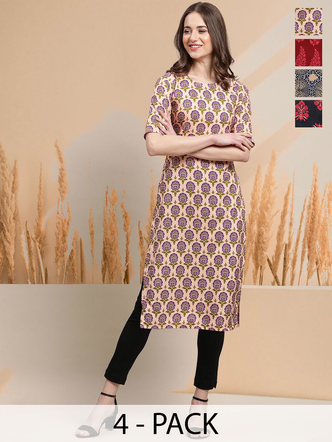 

7Threads Selection Of 4 Ethnic Motifs Printed Round Neck Kurtas, Peach