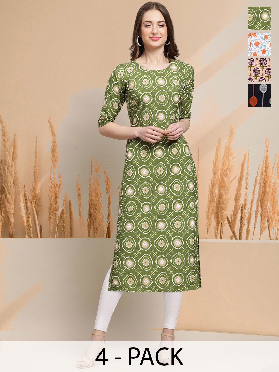 

7Threads Selection Of 4 Geometric Printed Round Neck Straight Kurtas, Green