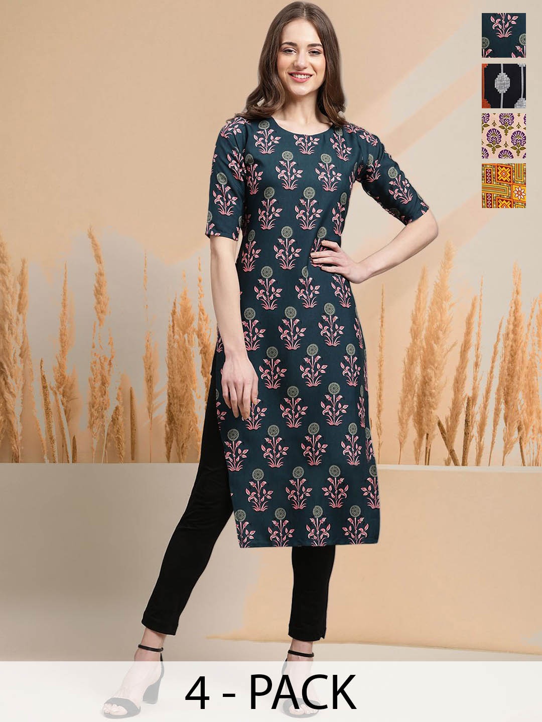 

7Threads Selection Of 4 Ethnic Motifs Printed Round Neck Kurtas, Blue