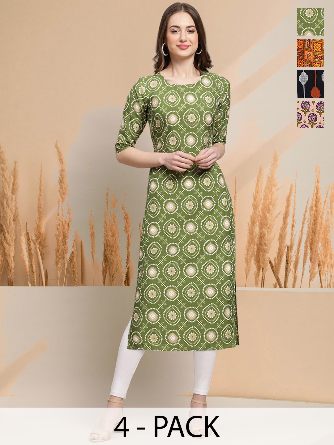 

7Threads Selection Of 4 Ethnic Motifs Printed Round Neck Straight Kurtas, Green
