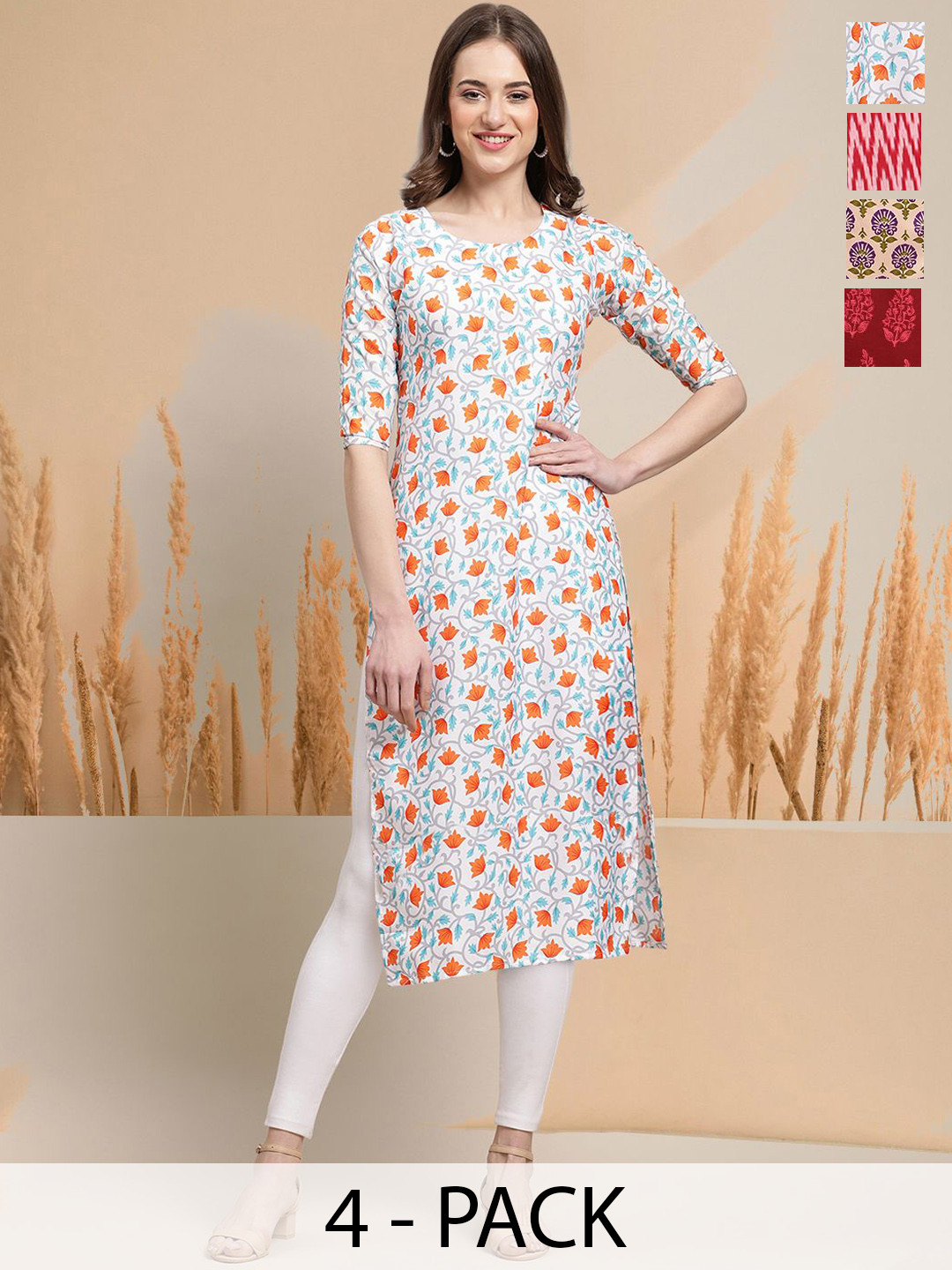 

7Threads Selection Of 4 Floral Motifs Printed Round Neck Straight Kurtas, White