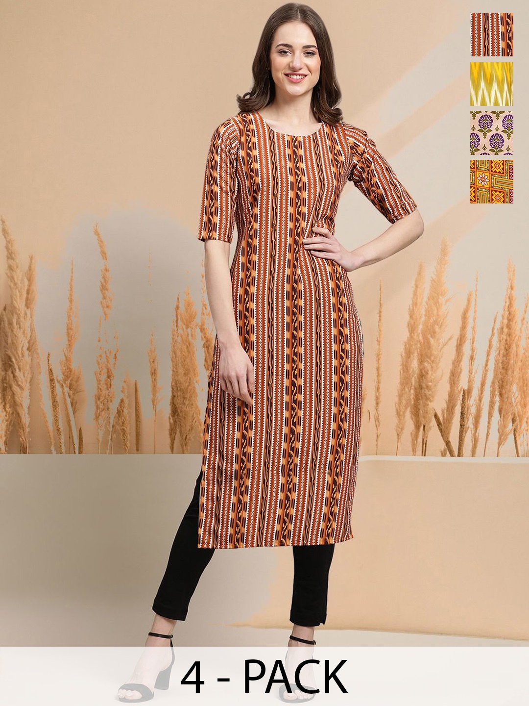 

7Threads Selection Of 4 Ethnic Motifs Printed Round Neck Straight Kurtas, Yellow