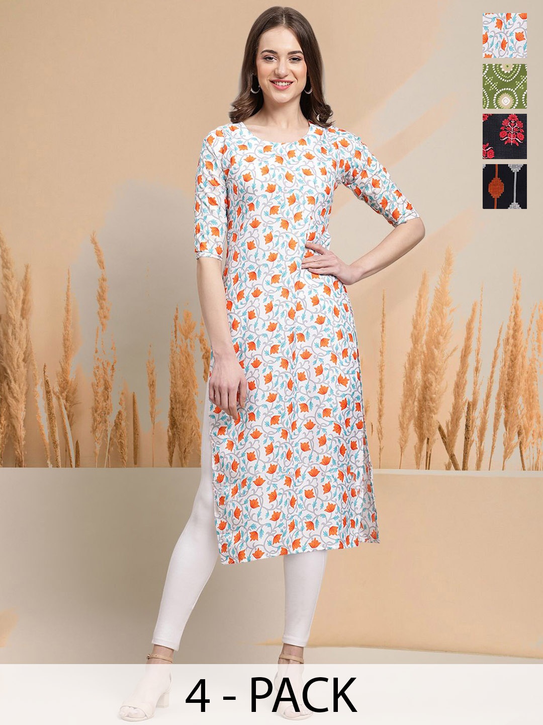 

7Threads Selection of 4 Floral Printed Round Neck Straight Kurtas, White