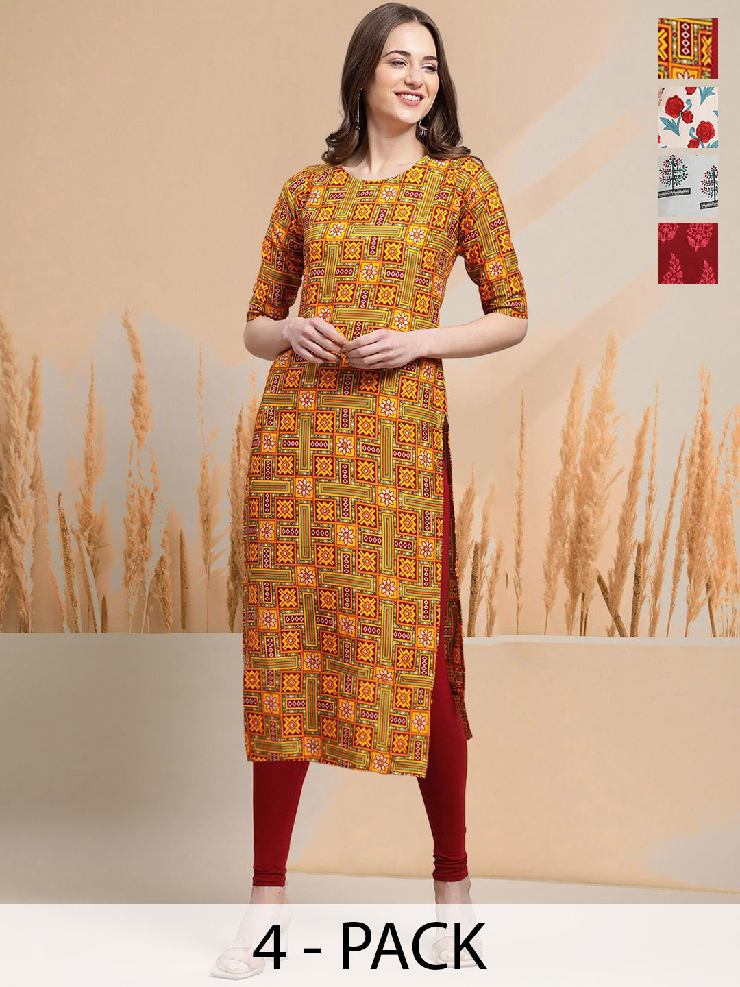 

7Threads Selection Of 4 Ethnic Motifs Printed Round Neck Straight Kurtas, Mustard