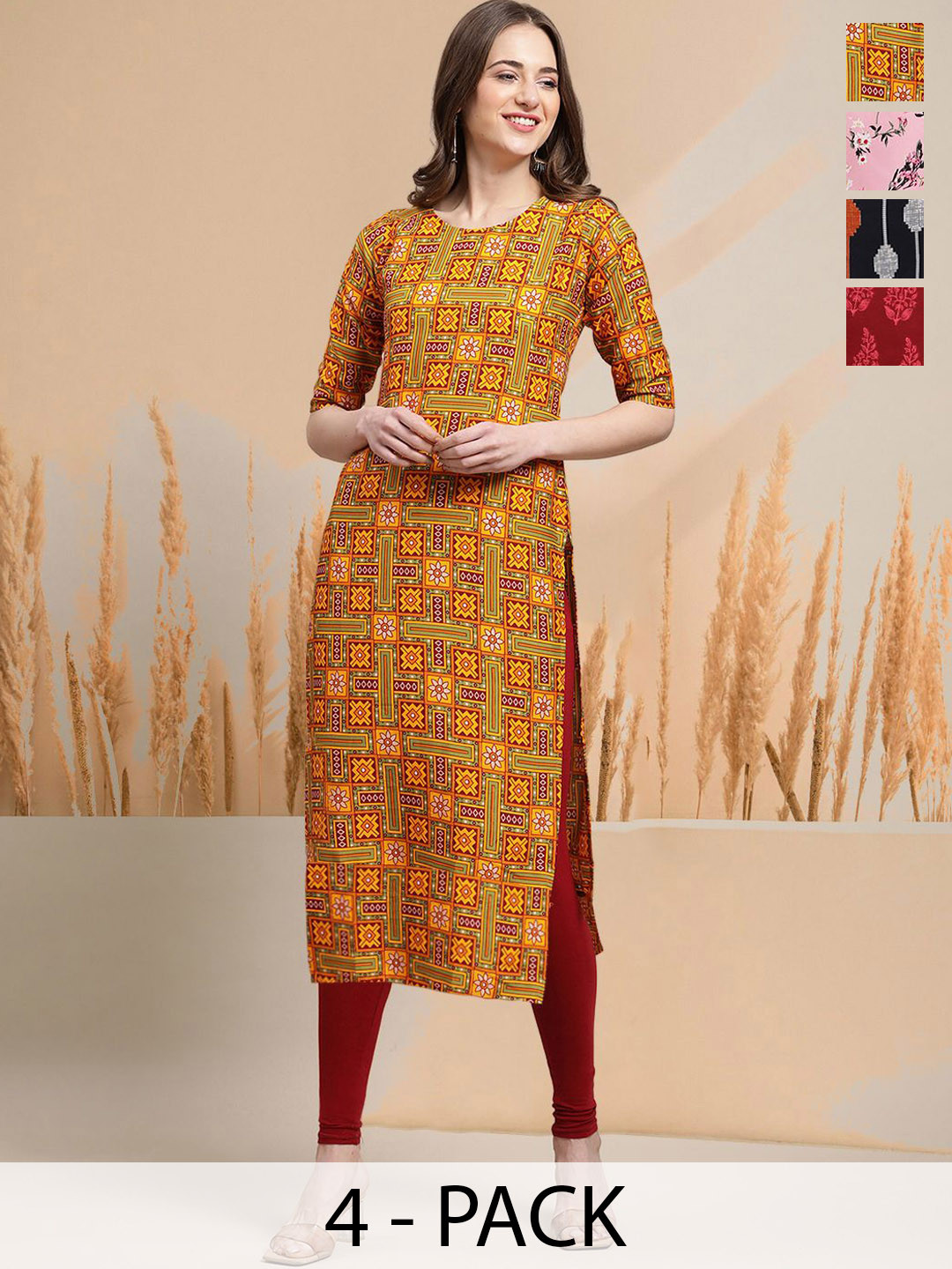 

7Threads Selection Of 4 Ethnic Motifs Printed Round Neck Straight Kurtas, Yellow