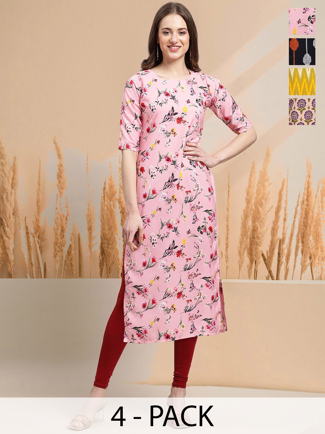 

7Threads Selection Of 4 Floral Printed Round Neck Straight Kurtas, Pink