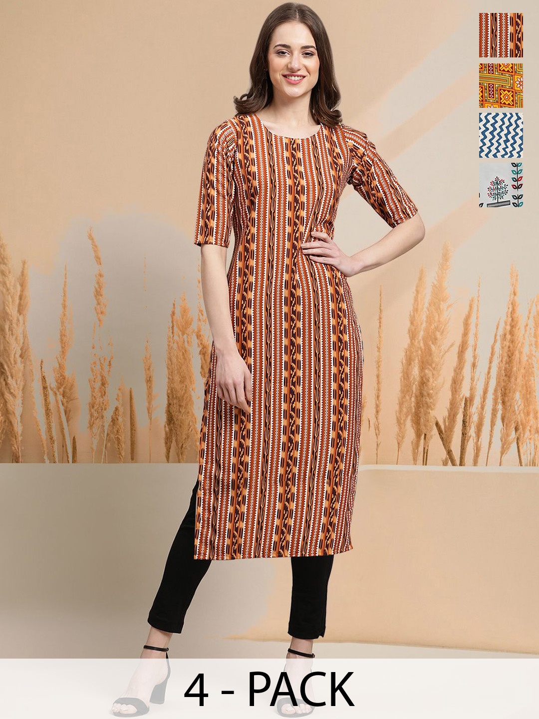

7Threads Selection Of 4 Geometric Printed Round Neck Straight Kurtas, Red