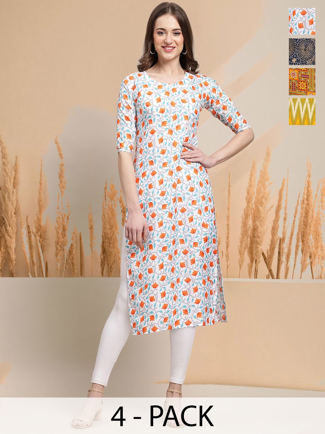 

7Threads Selection Of 4 Floral Printed Round Neck Straight Kurtas, White