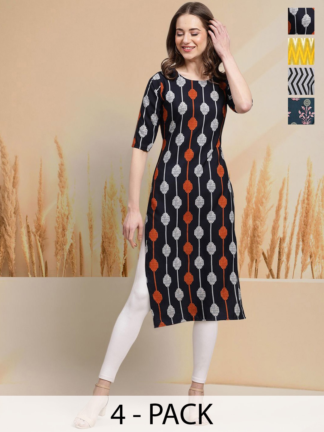 

7Threads Selection Of 4 Chevron Printed Round Neck Straight Kurtas, Black
