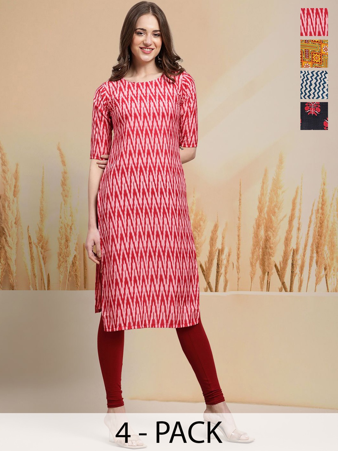 

7Threads Selection of 4 Chevron Printed Round Neck Straight Kurtas, Pink