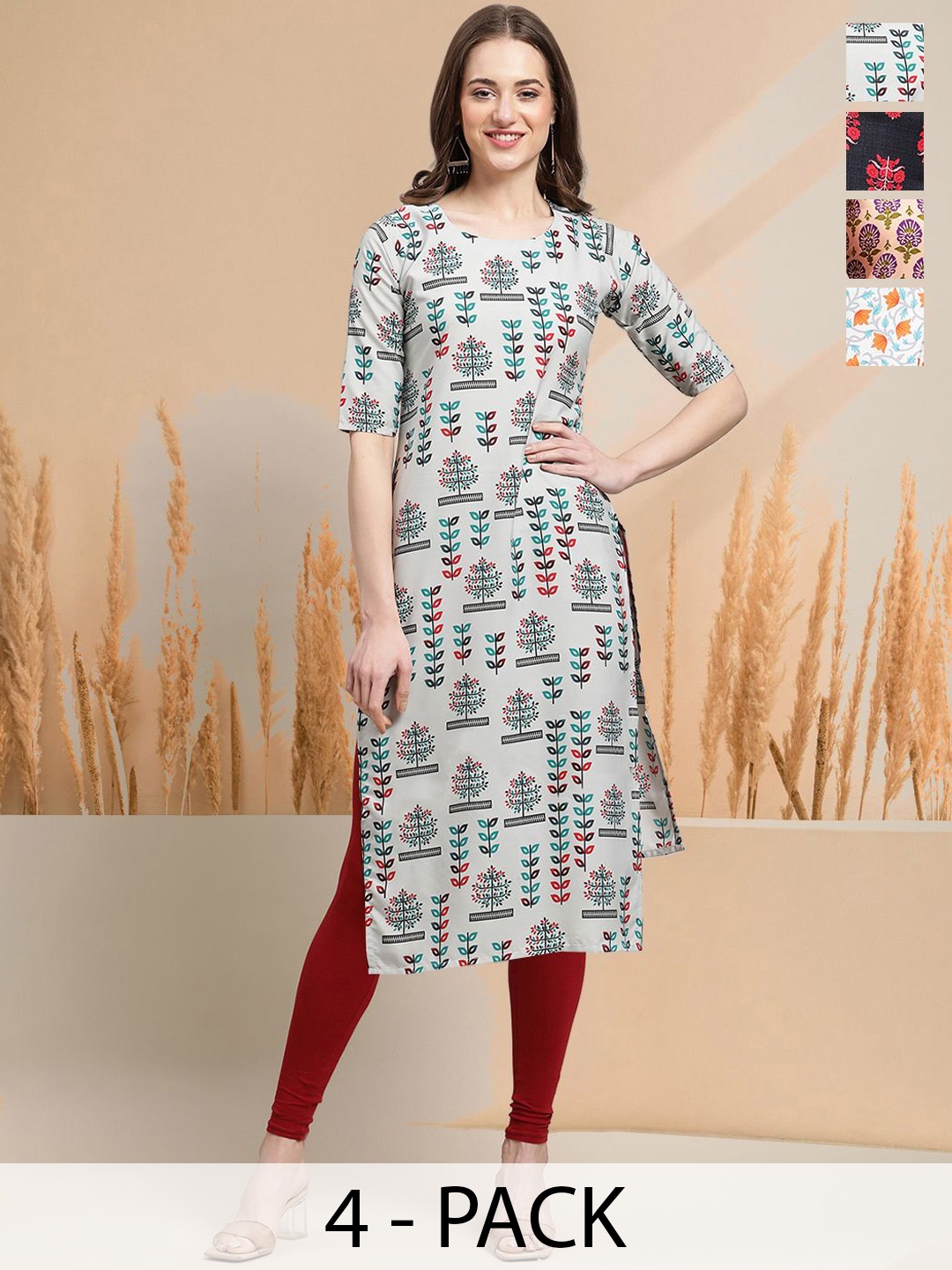 

7Threads Selection Of 4 Floral Printed Round Neck Straight Kurtas, Black