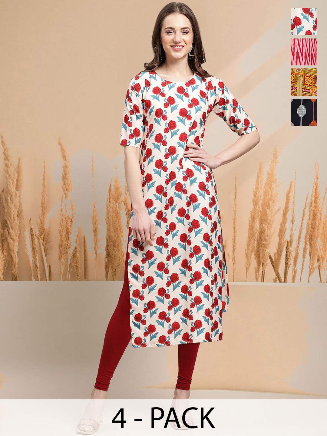 

7Threads Selection of 4 Floral Printed Round Neck Straight Kurtas, Off white