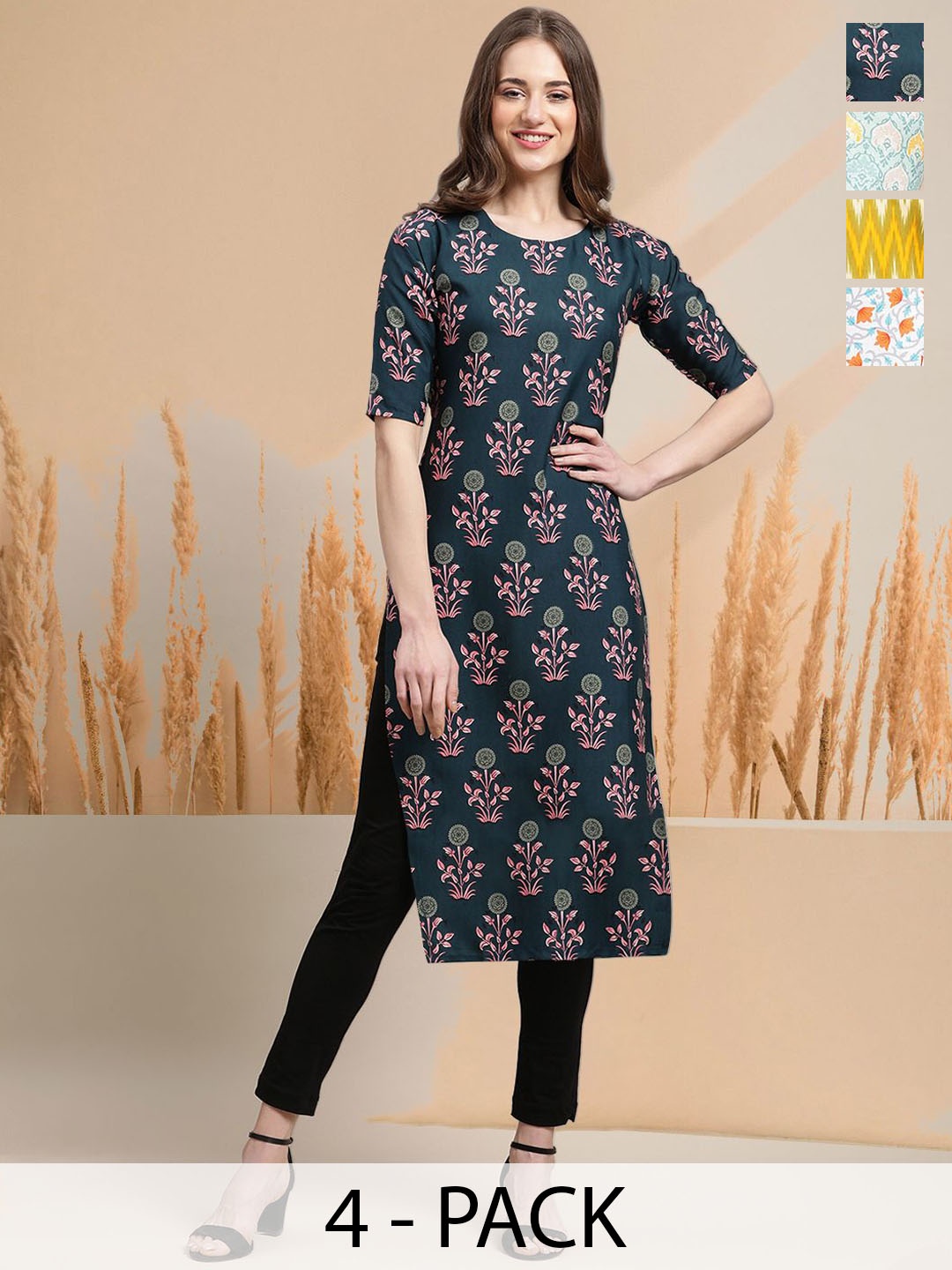 

7Threads Selection Of 4 Floral Printed Round Neck Straight Kurtas, Navy blue