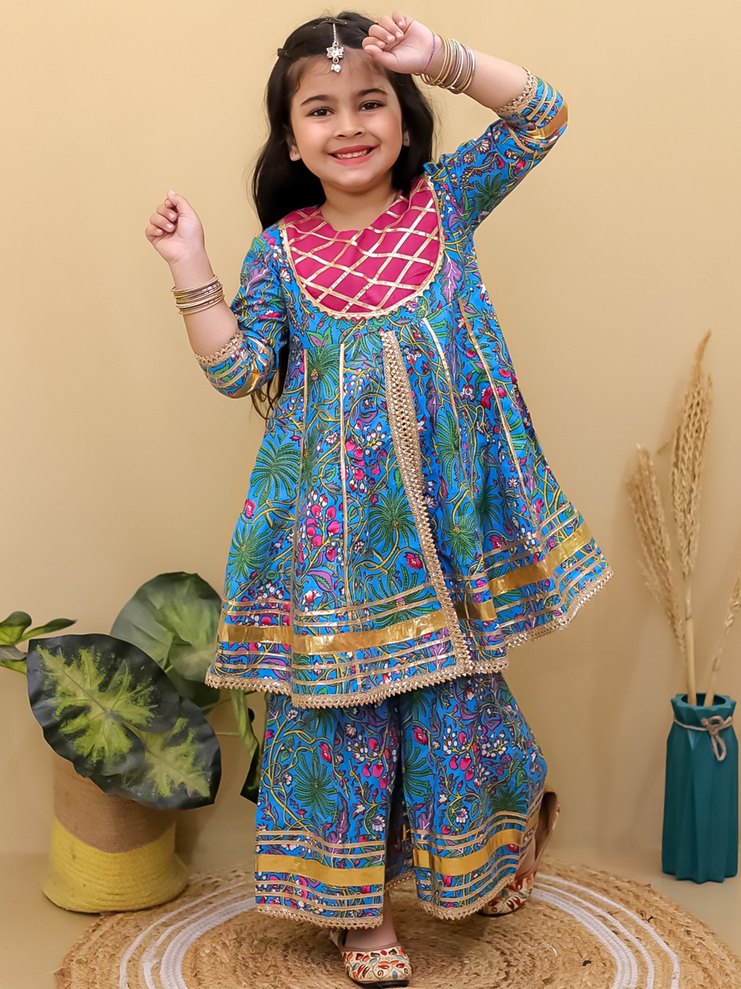 

Superminis Girls Floral Printed Gotta Patti Pure Cotton Anarkali Kurti with Sharara, Blue