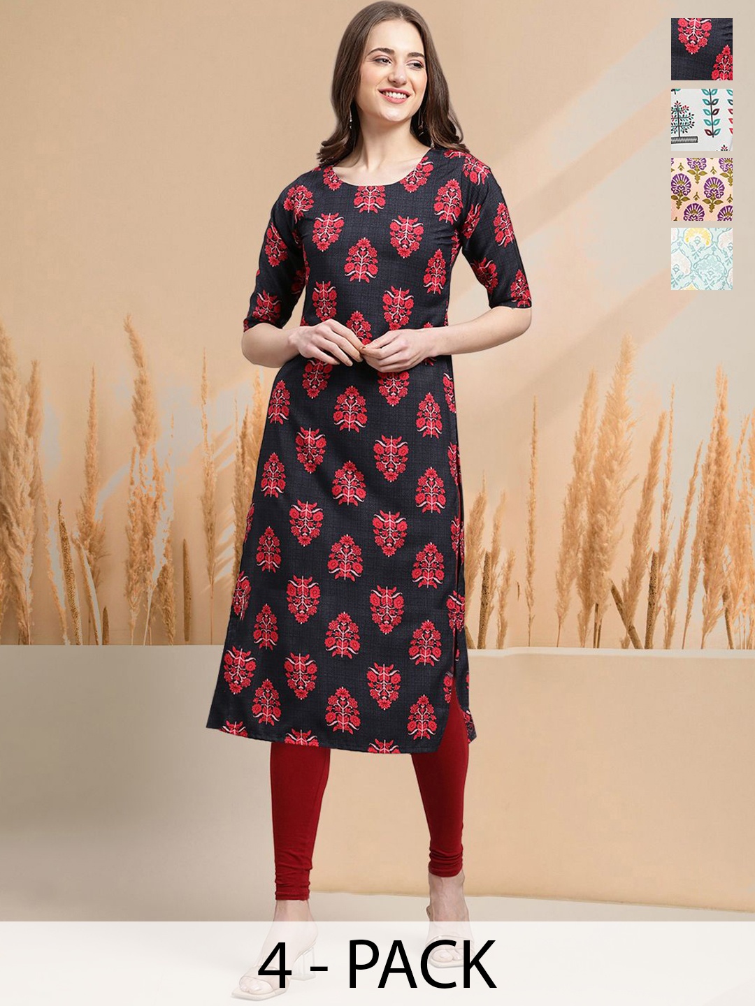 

7Threads Selection of 4 Ethnic Motifs Printed Round Neck Straight Kurtas, Black