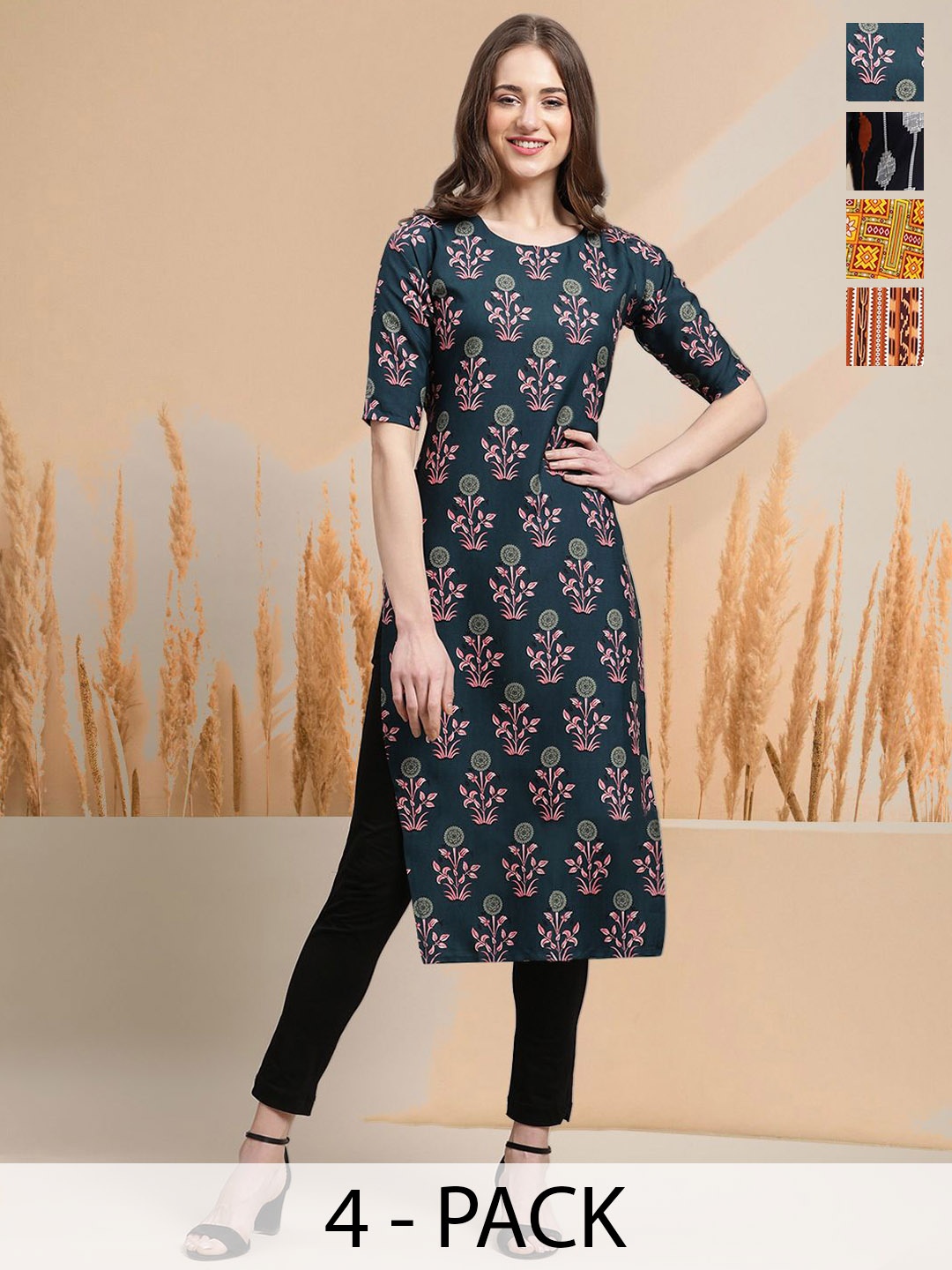 

7Threads Selection Of 4 Floral Printed Straight Kurtas, Green