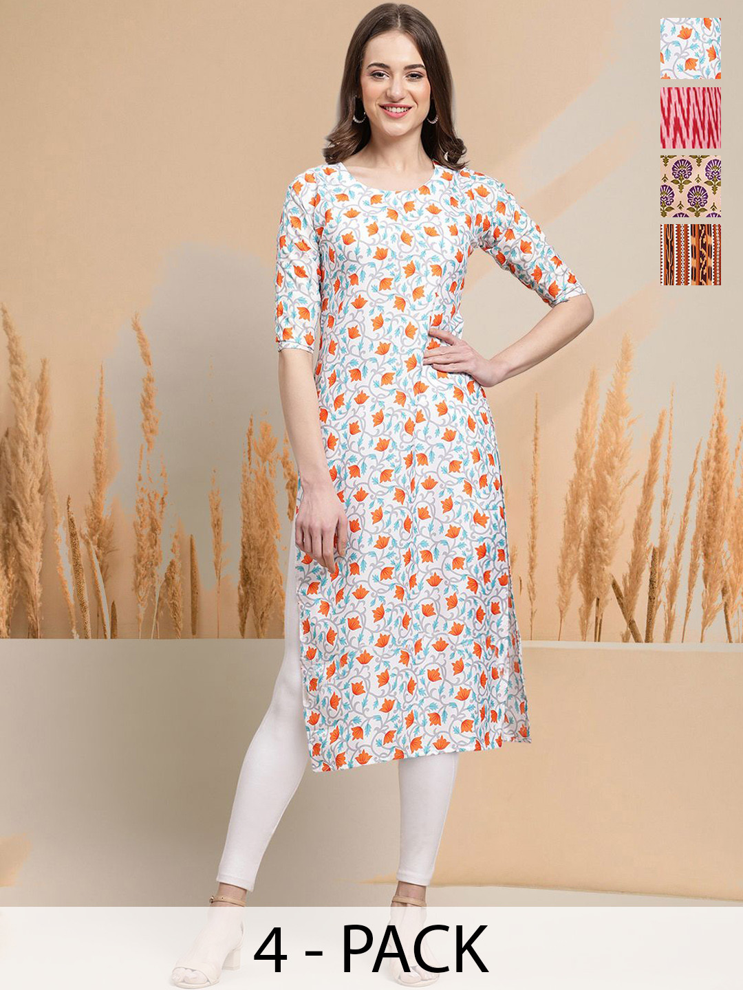

7Threads Selection Of 4 Floral Printed Round Neck Kurtas, Orange