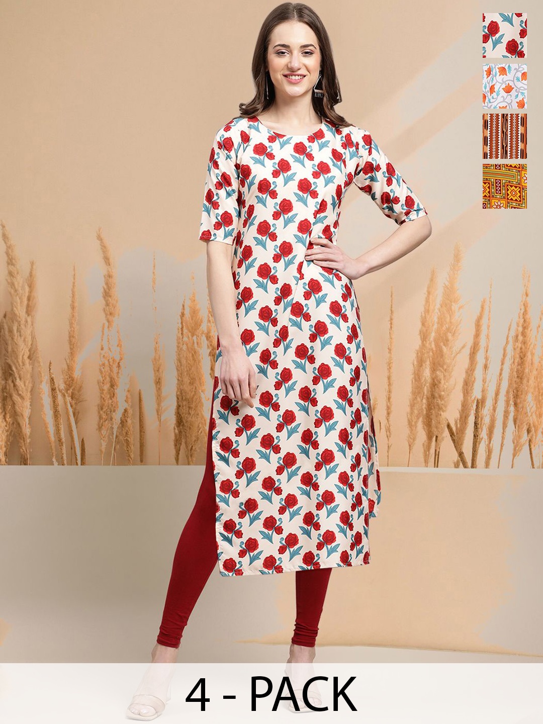 

7Threads Selection Of 4 Floral Printed Round Neck Straight Kurtas, White