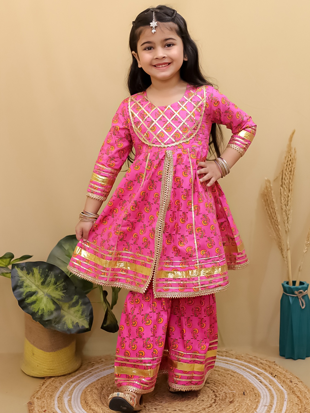 

Superminis Girls Floral Printed Gotta Patti Pure Cotton Anarkali Kurti with Sharara, Pink