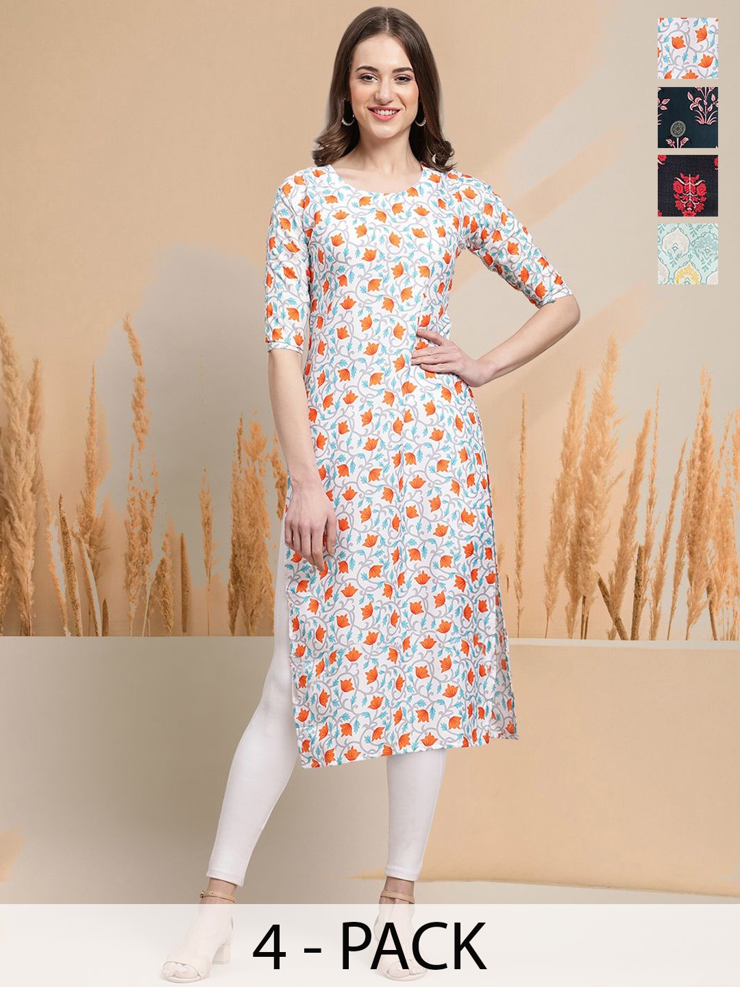 

7Threads Selection Of 4 Floral Printed Straight Kurtas, White