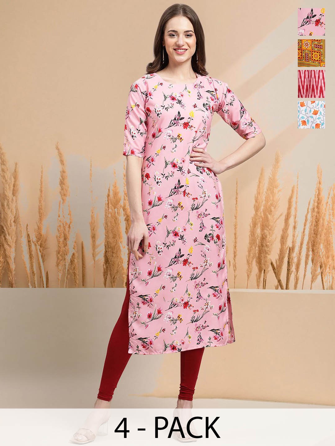 

7Threads Selection of 4 Floral Printed Round Neck Straight Kurtas, Pink