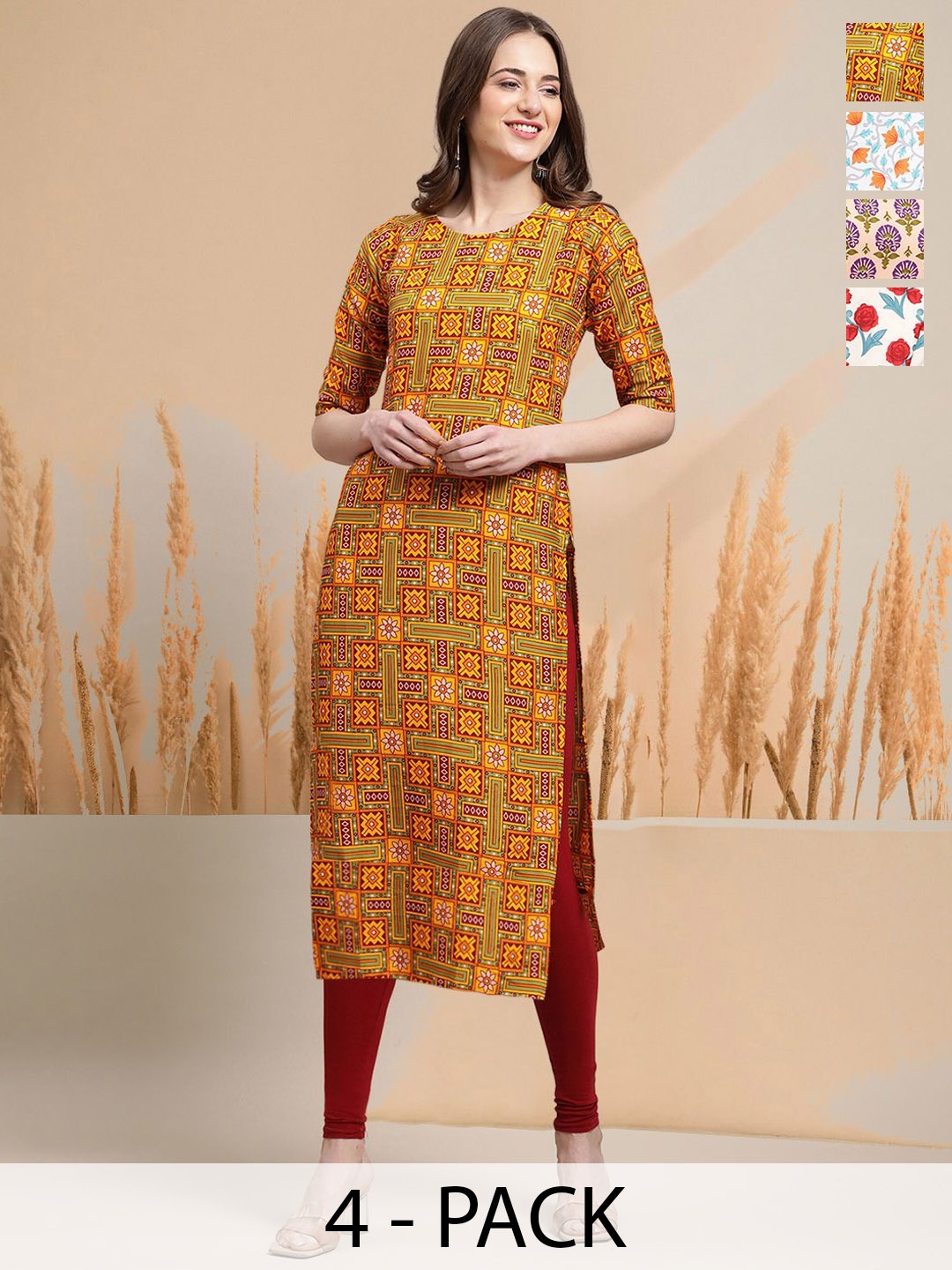 

7Threads Selection Of 4 Geometric Printed Round Neck Straight Kurtas, Yellow