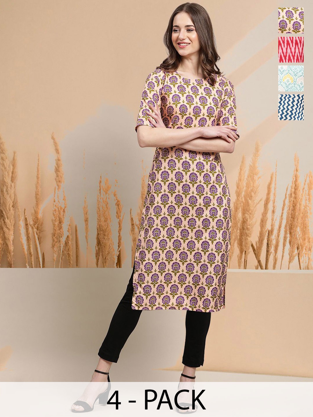 

7Threads Selection Of 4 Ethnic Motifs Printed Round Neck Straight Kurtas, Peach